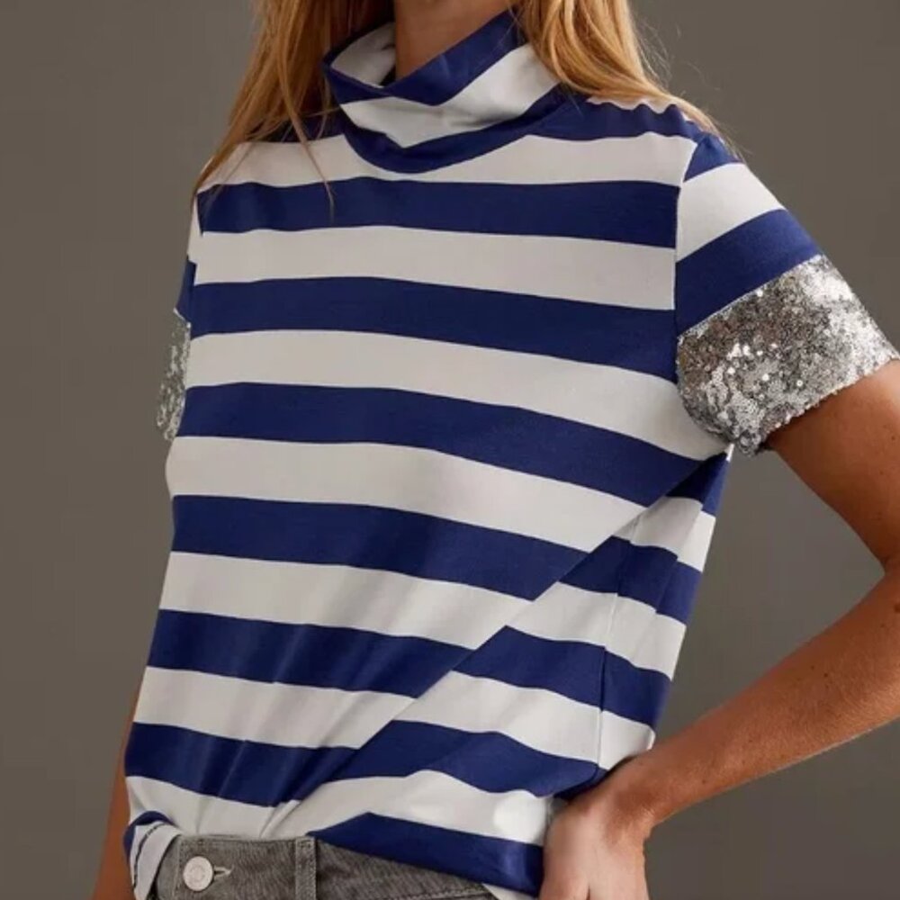 Maeve Navy and White Striped Crop Top with Silver Sequin Sleeves